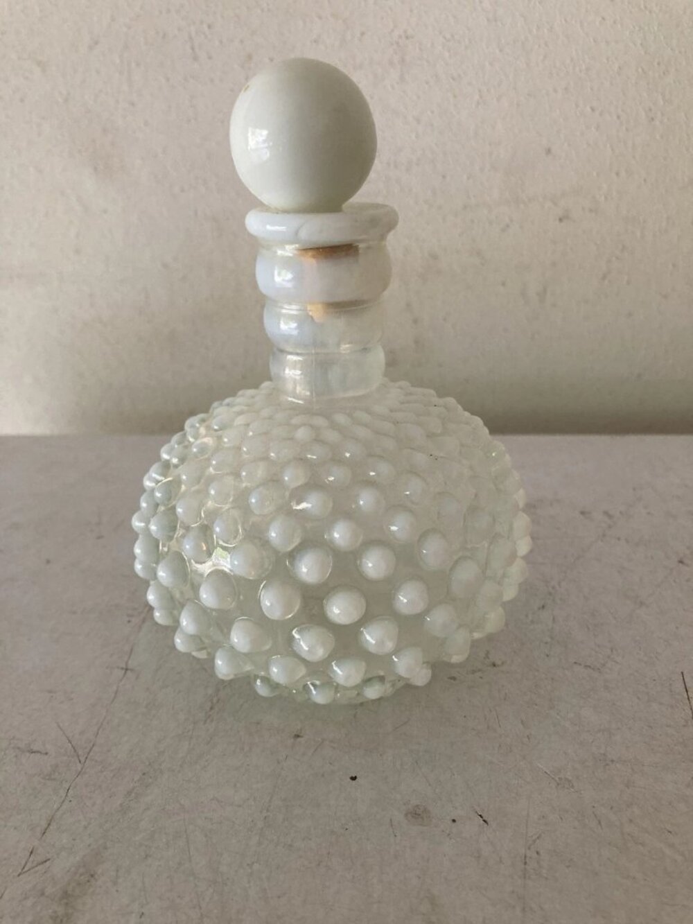 Fenton Vintage Opalescent Glass White Hobnail 6" Perfume Bottle with Stopper